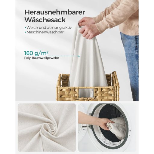 SONGMICS Kézzel Szőtt Szennyestartó Kosár, 90L Szintetikus Rattan Ruhás Kosár Fedéllel és