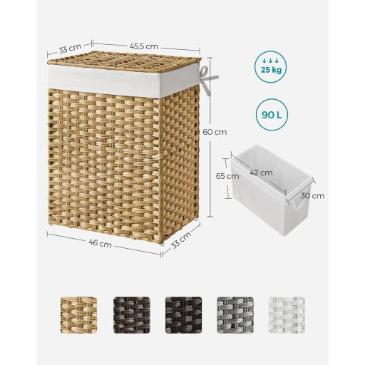 SONGMICS Kézzel Szőtt Szennyestartó Kosár, 90L Szintetikus Rattan Ruhás Kosár Fedéllel és