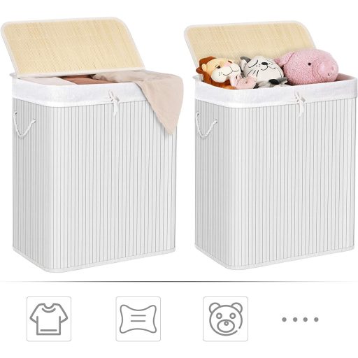 SONGMICS Osztott Szennyestartó Fedéllel, Bambusz Szennyestartó 2 Rekesszel, Kivehető Bélés,