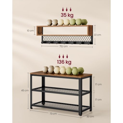 VASAGLE Kabátakasztó Cipőpad Készlet, Előszobai Fa, Előszobabútor, Multifunkcionális, Pont