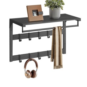 VASAGLE falra szerelhető kabáttartó, fali polc 10 levehető akasztóval, ruhatartó sín, polccal