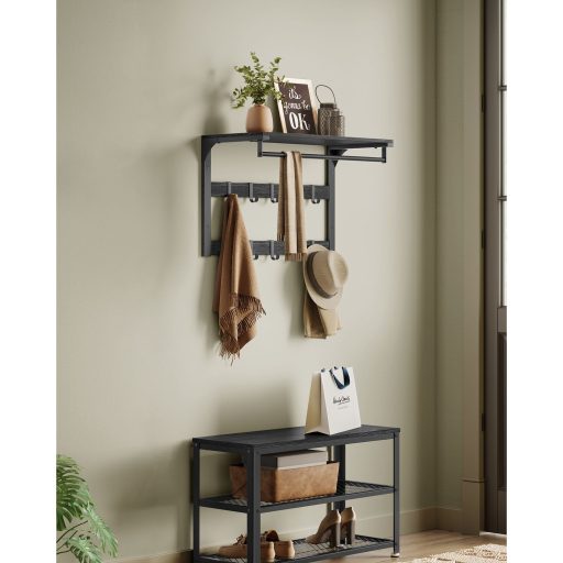 VASAGLE falra szerelhető kabáttartó, fali polc 10 levehető akasztóval, ruhatartó sín, polccal