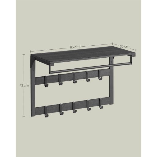 VASAGLE falra szerelhető kabáttartó, fali polc 10 levehető akasztóval, ruhatartó sín, polccal