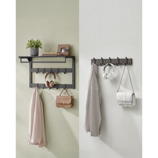 VASAGLE falra szerelhető kabáttartó, fali polc 10 levehető akasztóval, ruhatartó sín, polccal