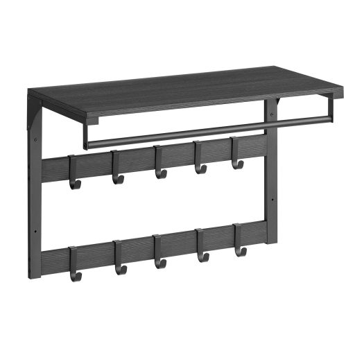 VASAGLE falra szerelhető kabáttartó, fali polc 10 levehető akasztóval, ruhatartó sín, polccal