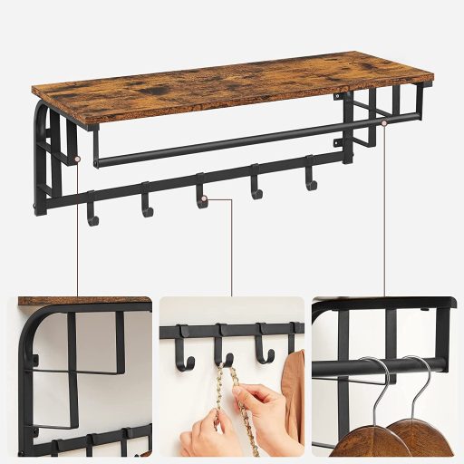 VASAGLE falra szerelhető ruhafogas, ruhatartó sín 5 levehető kabátakasztóval, lebegő polc