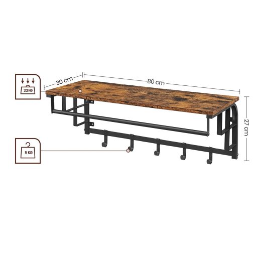 VASAGLE falra szerelhető ruhafogas, ruhatartó sín 5 levehető kabátakasztóval, lebegő polc