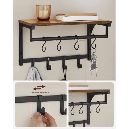 VASAGLE falra szerelhető kabáttartó, fali polc 8 levehető kampóval, falra szerelhető akasztós