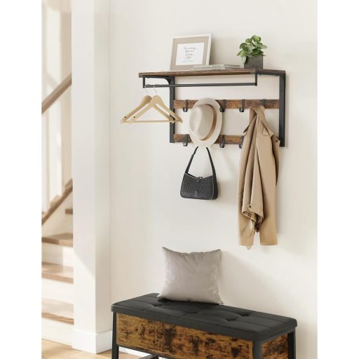 VASAGLE Fali Kabáttartó Polccal, 10 Levehető Akasztóval, Fali Rögzítés, 2 Rúddal, Ruhatartó