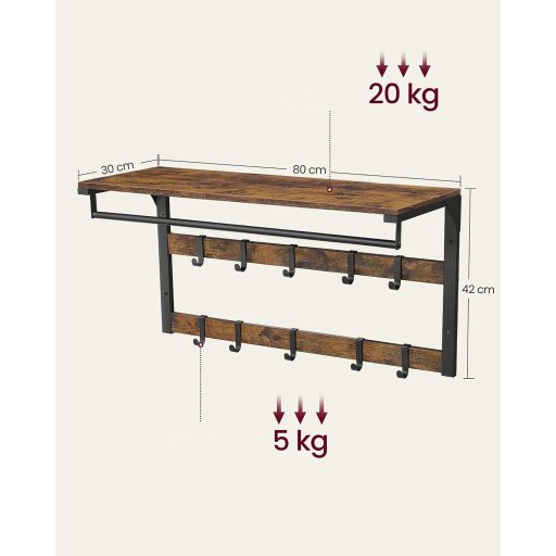VASAGLE Fali Kabáttartó Polccal, 10 Levehető Akasztóval, Fali Rögzítés, 2 Rúddal, Ruhatartó