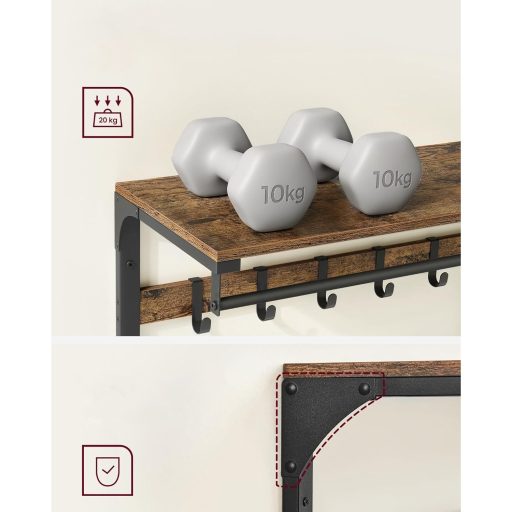 VASAGLE Fali Kabáttartó Polccal, 10 Levehető Akasztóval, Fali Rögzítés, 2 Rúddal, Ruhatartó