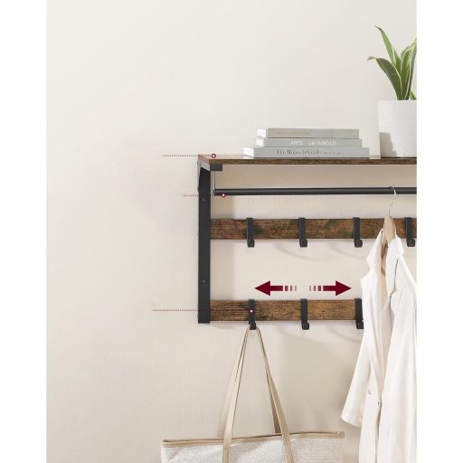 VASAGLE Fali Kabáttartó Polccal, 10 Levehető Akasztóval, Fali Rögzítés, 2 Rúddal, Ruhatartó