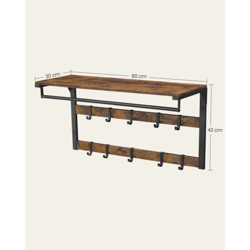 VASAGLE Fali Kabáttartó Polccal, 10 Levehető Akasztóval, Fali Rögzítés, 2 Rúddal, Ruhatartó