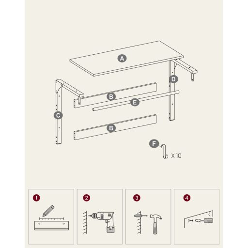 VASAGLE Fali Kabáttartó Polccal, 10 Levehető Akasztóval, Fali Rögzítés, 2 Rúddal, Ruhatartó