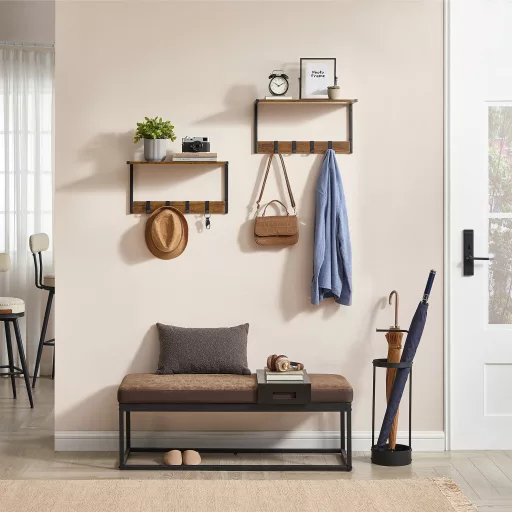 2 db fali ruhafogas szett akasztókkal és polccal, rusztikus barna 50 x 24 x 26cm