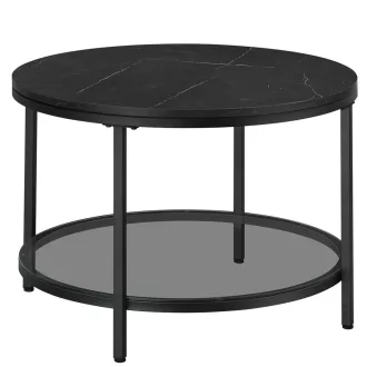   Dohányzóasztal, műmárvány asztallap, edzett üveg polc, márvány fekete, fekete, 65cm