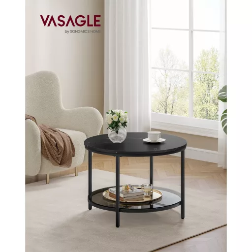 Dohányzóasztal, műmárvány asztallap, edzett üveg polc, márvány fekete, fekete, 65cm