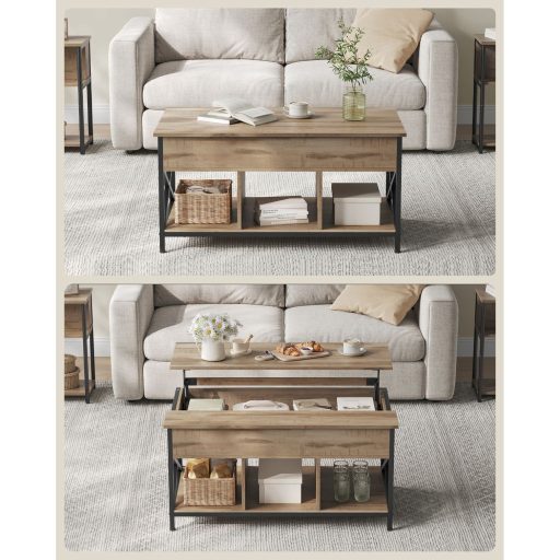 VASAGLE Dohányzóasztal, Magasságában Állítható Nappali Asztal, Dohányzóasztal, Nyitott és