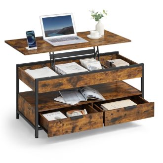 VASAGLE Emelhető Tetős Dohányzóasztal, Nappali Asztal, Tároló Fiókokkal, Rejtett Rekeszekkel