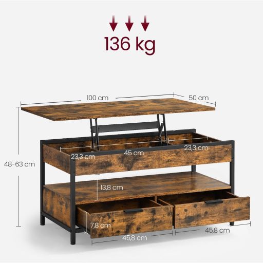 VASAGLE Emelhető Tetős Dohányzóasztal, Nappali Asztal, Tároló Fiókokkal, Rejtett Rekeszekkel