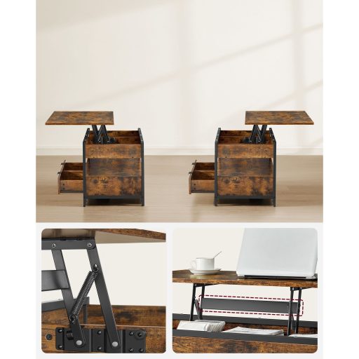 VASAGLE Emelhető Tetős Dohányzóasztal, Nappali Asztal, Tároló Fiókokkal, Rejtett Rekeszekkel