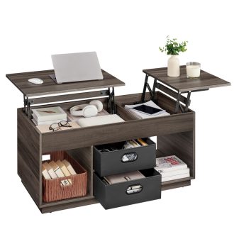 VASAGLE Állítható Magasságú Dohányzóasztal Nappaliba, 2 Fiókkal és Rejtett Rekeszekkel,