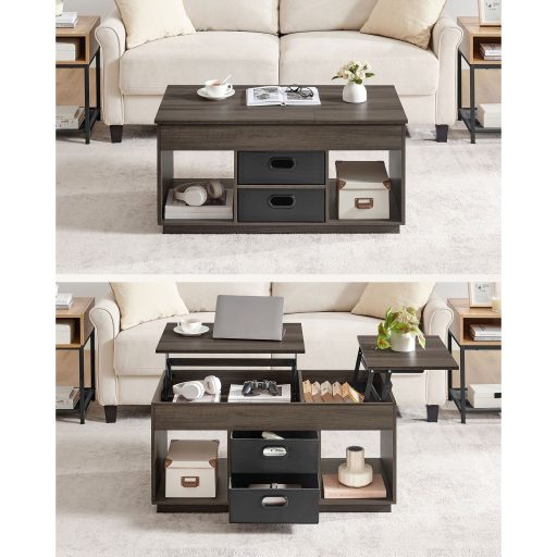 VASAGLE Állítható Magasságú Dohányzóasztal Nappaliba, 2 Fiókkal és Rejtett Rekeszekkel,