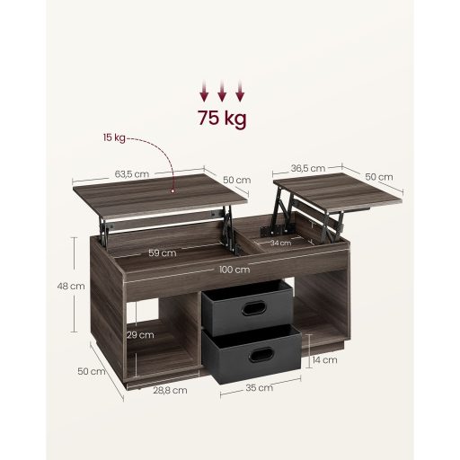 VASAGLE Állítható Magasságú Dohányzóasztal Nappaliba, 2 Fiókkal és Rejtett Rekeszekkel,