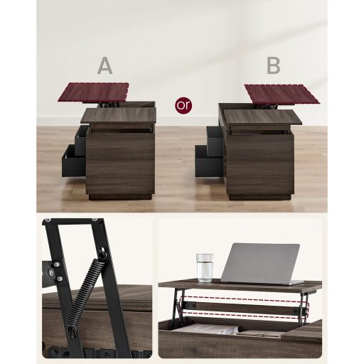 VASAGLE Állítható Magasságú Dohányzóasztal Nappaliba, 2 Fiókkal és Rejtett Rekeszekkel,