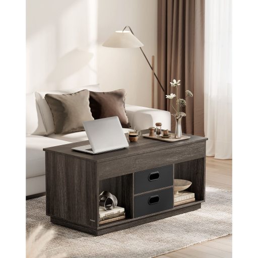 VASAGLE Állítható Magasságú Dohányzóasztal Nappaliba, 2 Fiókkal és Rejtett Rekeszekkel,