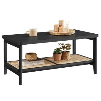 VASAGLE Dohányzóasztal 2 Szintes Nappali Asztal Tárolóhellyel Nappali Kanapé Asztal PVC Rattan