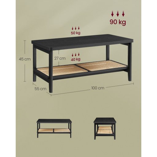 VASAGLE Dohányzóasztal 2 Szintes Nappali Asztal Tárolóhellyel Nappali Kanapé Asztal PVC Rattan