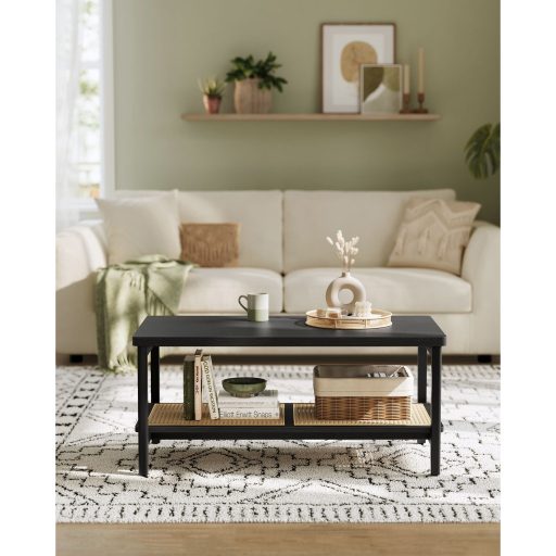 VASAGLE Dohányzóasztal 2 Szintes Nappali Asztal Tárolóhellyel Nappali Kanapé Asztal PVC Rattan