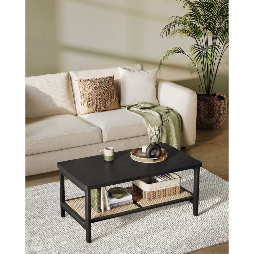 VASAGLE Dohányzóasztal 2 Szintes Nappali Asztal Tárolóhellyel Nappali Kanapé Asztal PVC Rattan