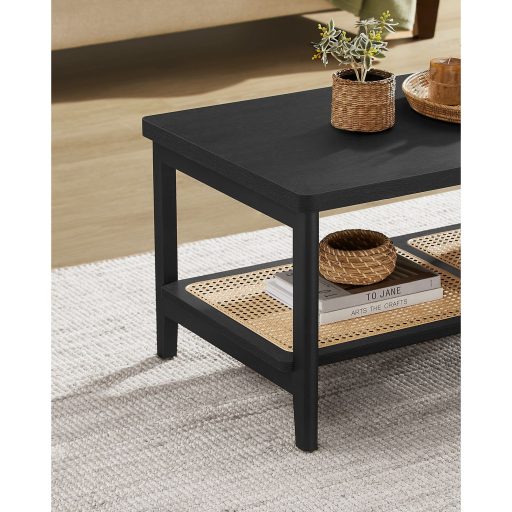 VASAGLE Dohányzóasztal 2 Szintes Nappali Asztal Tárolóhellyel Nappali Kanapé Asztal PVC Rattan