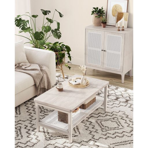 VASAGLE LCT240K66 2 szintes nappali asztal tárolóhellyel, PVC rattan polccal, lekerekített