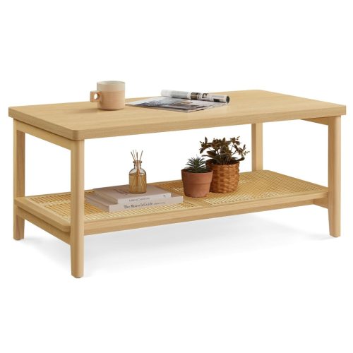 VASAGLE 2 szintes dohányzóasztal tárolóval, dohányzóasztal nappaliba, asztal PVC rattan