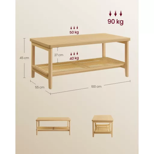 VASAGLE 2 szintes dohányzóasztal tárolóval, dohányzóasztal nappaliba, asztal PVC rattan