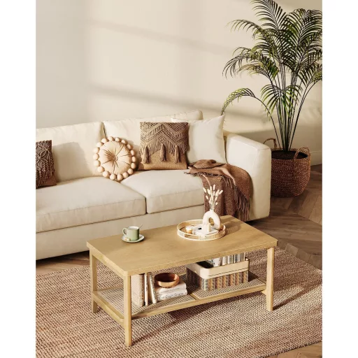 VASAGLE 2 szintes dohányzóasztal tárolóval, dohányzóasztal nappaliba, asztal PVC rattan