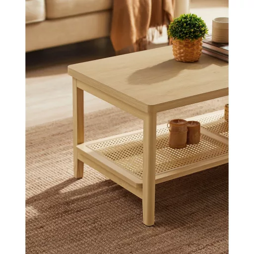 VASAGLE 2 szintes dohányzóasztal tárolóval, dohányzóasztal nappaliba, asztal PVC rattan