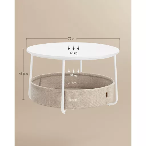 Dohányzóasztal, kerek, tárolóval, modern stílusú, fehér és világos barna, 80 cm