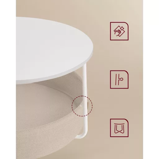 Dohányzóasztal, kerek, tárolóval, modern stílusú, fehér és világos barna, 80 cm