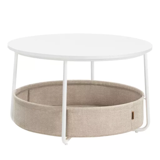 Dohányzóasztal, kerek, tárolóval, modern stílusú, fehér és világos barna, 80 cm