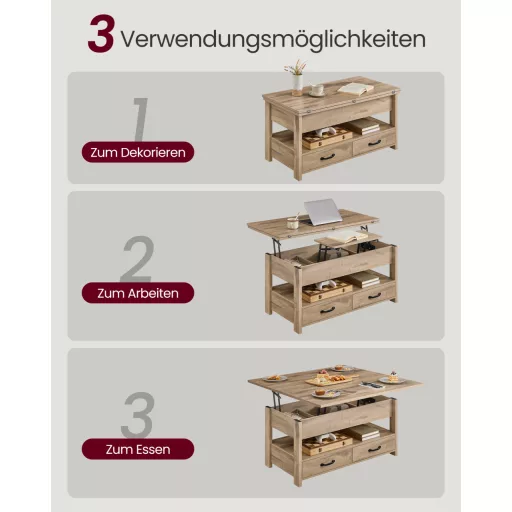 Dohányzóasztal, emelhető asztallappal, 2 fiókkal, világos barna