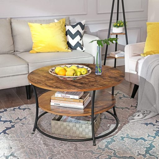 VASAGLE Dohányzóasztal, Kerek Koktélasztal Polccal, Teaasztal, Könnyű Összeszerelés, Fém,