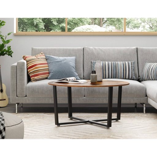 VASAGLE Kerek Dohányzóasztal, Ipari Stílusú Koktélasztal, Tartós Fém Keret, Könnyen