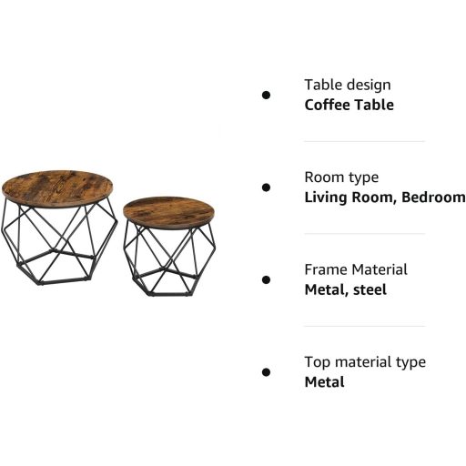 VASAGLE Dohányzóasztalok, 2 oldalasztal szett, masszív acélkeret, nappaliba, hálószobába,