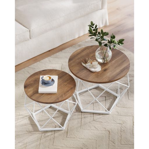 VASAGLE Kerek Dohányzóasztalok, 2 db-os Kisasztal Készlet, Modern Stílus, Levehető Asztallap,