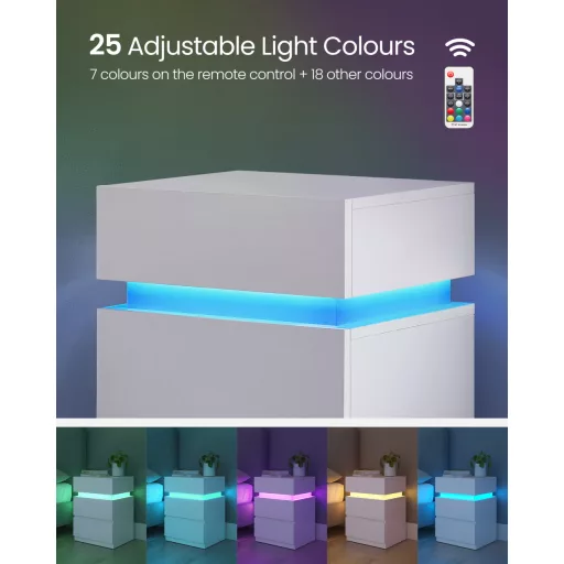 2 db éjjeliszekrény LED világítással, 3 fiókos, fehér 35x40x55cm