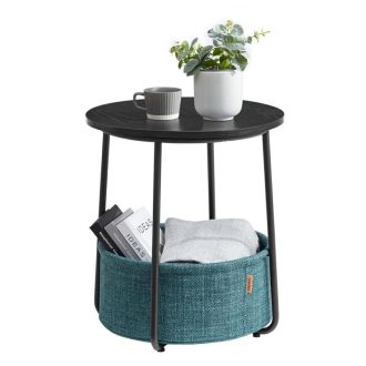 VASAGLE Oldalasztal, Kerek Dohányzóasztal Szövet Kosárral, Tágas, Nappaliba és Hálószobába,